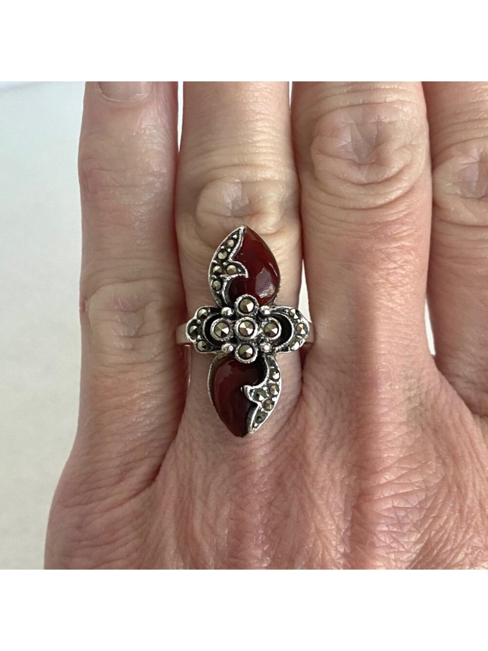 Sterling Silver 925 Art Deco Style Marcasite Teardrop Red Glass Ring Sz 5.75